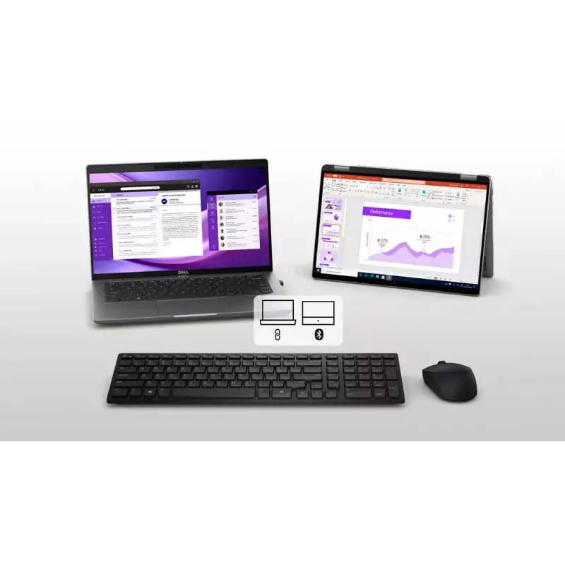 DELL KM555 belaidė klaviatūra ir pelė kombo, tyli, RF Wireless + Bluetooth, QWERTY US International, juoda