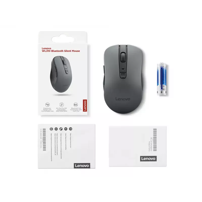 Belaidė ambidekstrinė pelė Lenovo WL310 Office – Bluetooth, optinė 1200 DPI, 6 mygtukai, ratukas, pilka, maitinama baterijomis