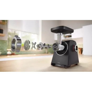 Mėsmalė Bosch MFWS430B — 1900 W, 2 greičiai, 2,5 kg/min, juoda/sidabrinė, 4,3 kg