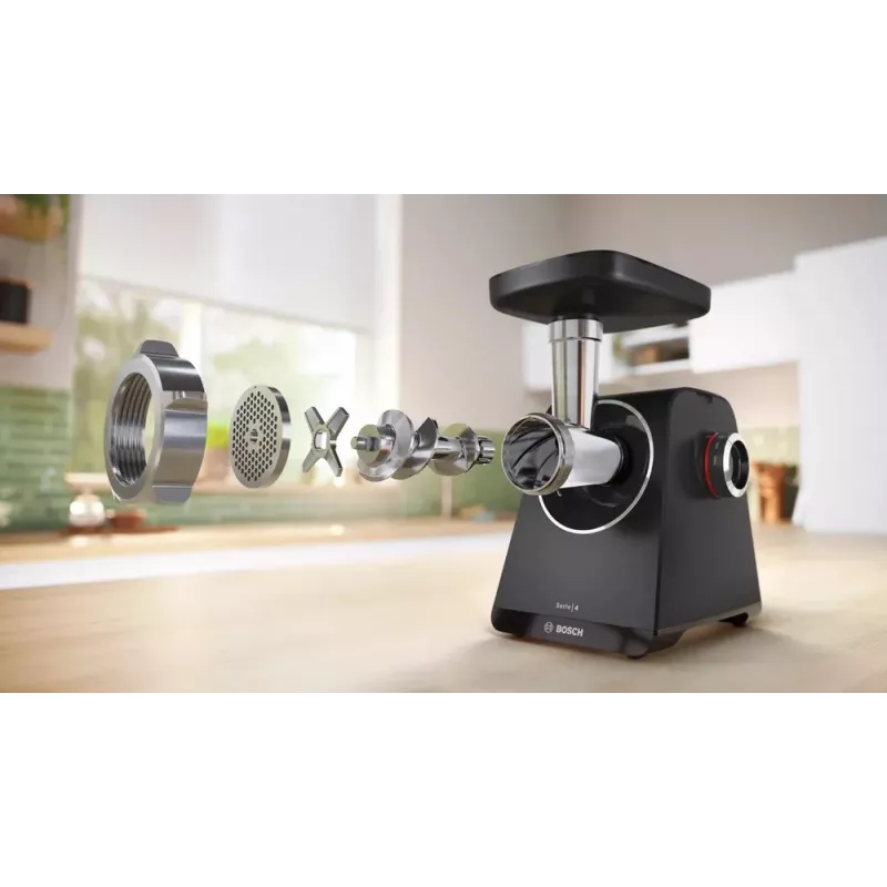Mėsmalė Bosch MFWS430B — 1900 W, 2 greičiai, 2,5 kg/min, juoda/sidabrinė, 4,3 kg