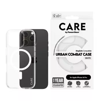 PanzerGlass CARE™ by ® Urban Combat dėklas permatomas su balta MagSafe iPhone 16 Pro