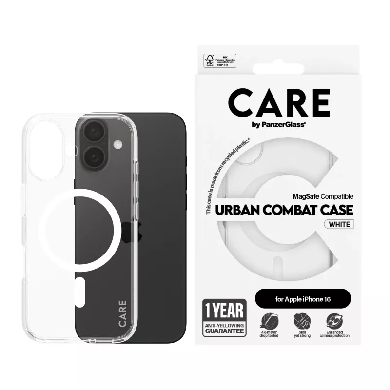 PanzerGlass CARE™ by ® Urban Combat Dėklas Skaidrus su Balta MagSafe iPhone 16