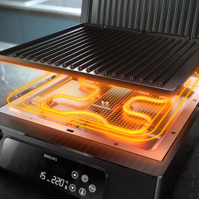 Philips 7000 Series kontaktinė grotelė, juoda, stačiakampė, liečiama, 220 °C, šarnyrinis dangtis, užrakinamas dangtis, 180°