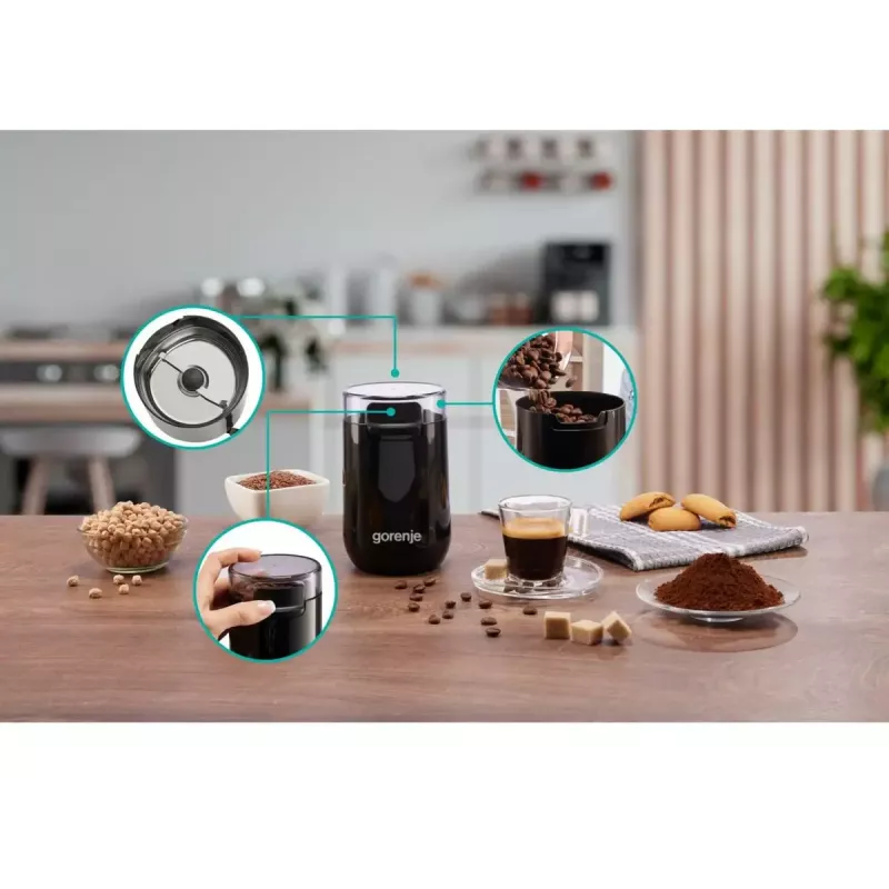 Kavos malūnėlis Gorenje SMK150SB – 150 W, 45 g talpa, nerūdijančio plieno peiliai, juoda