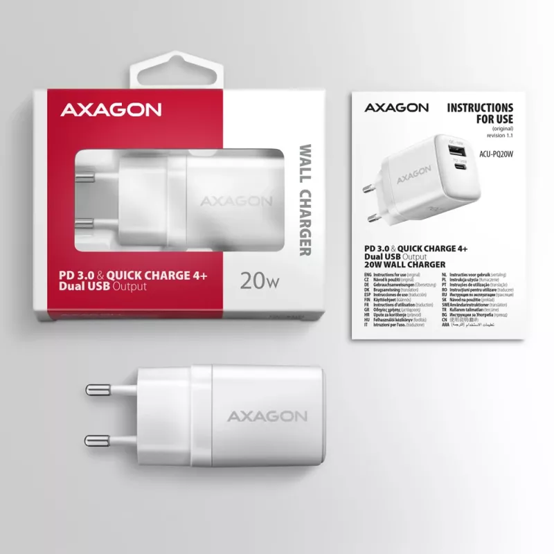 Mobilaus įrenginio įkroviklis Axagon ACU-PQ20W Universal White