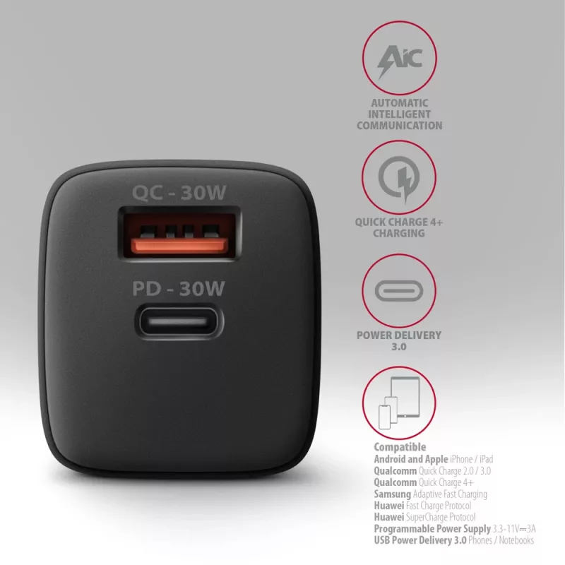 Sieninis įkroviklis Axagon ACU-PQ30 PD3.0 & QC4+ 2xIŠVADAI 30W