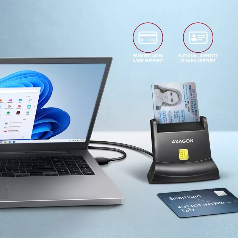 „Axagon CRE-SM4N“ stalinis kontaktinių Smart/ID kortelių skaitytuvas su ilgu USB-A kabeliu, USB 2.0, juodas