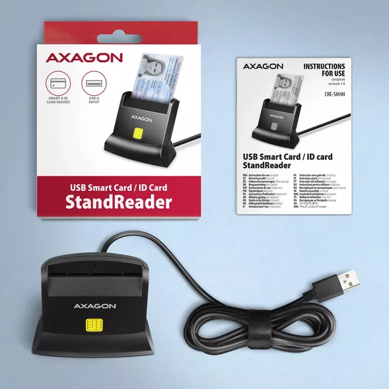 „Axagon CRE-SM4N“ stalinis kontaktinių Smart/ID kortelių skaitytuvas su ilgu USB-A kabeliu, USB 2.0, juodas