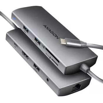 Axagon HMC-8HLSA, USB 5Gbps stotelė, 3x USB-A, HDMI 4K/60Hz, RJ-45, SD/microSD, garsas, PD 100W