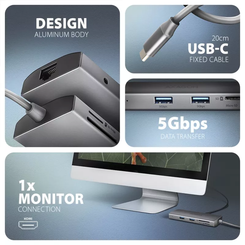 Axagon HMC-8HLSA, USB 5Gbps stotelė, 3x USB-A, HDMI 4K/60Hz, RJ-45, SD/microSD, garsas, PD 100W