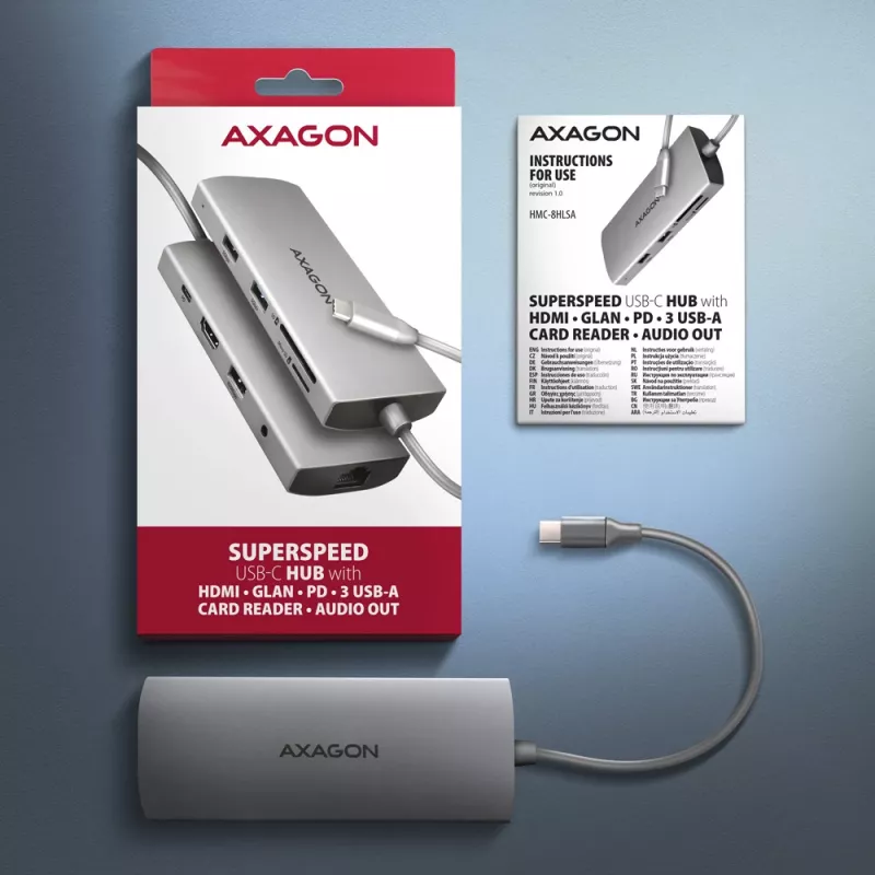 Axagon HMC-8HLSA, USB 5Gbps stotelė, 3x USB-A, HDMI 4K/60Hz, RJ-45, SD/microSD, garsas, PD 100W