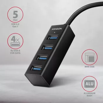 Axagon HUE-M1A 4x USB 3.2 Gen 1 MINI USB centras, metalinis, 20 cm USB-A kabelis