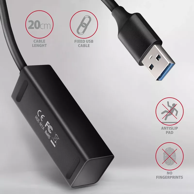 Axagon HUE-M1A 4x USB 3.2 Gen 1 MINI USB centras, metalinis, 20 cm USB-A kabelis