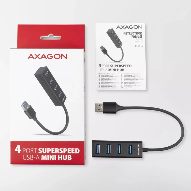 Axagon HUE-M1A 4x USB 3.2 Gen 1 MINI USB centras, metalinis, 20 cm USB-A kabelis