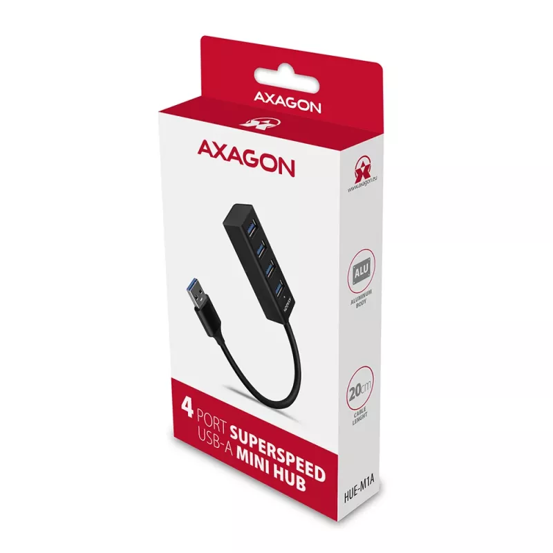 Axagon HUE-M1A 4x USB 3.2 Gen 1 MINI USB centras, metalinis, 20 cm USB-A kabelis