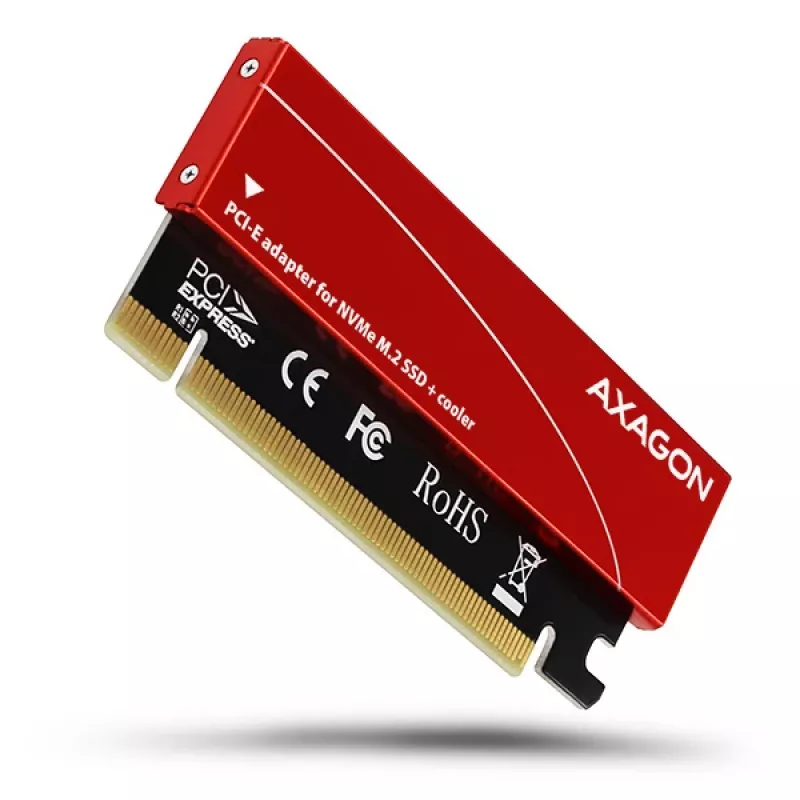 Adapteris Axagon PCEM2-S PCIe x16 – M.2 NVMe M-key lizdas, su pasyviu aliumininiu šilumos šalintuvu