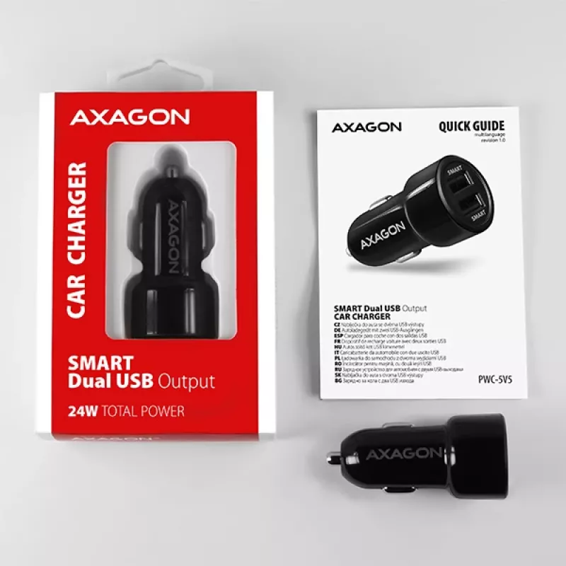 Automobilinis įkroviklis AXAGON PWC-5V5 SMART, 24W, 2x USB-A, 5V/2.4A + 5V/2.4A