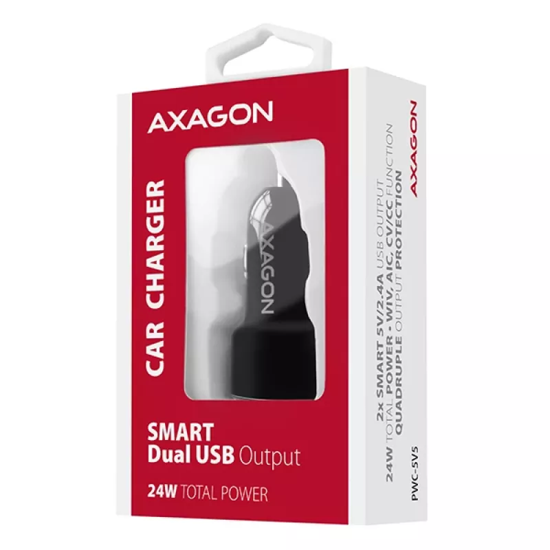 Automobilinis įkroviklis AXAGON PWC-5V5 SMART, 24W, 2x USB-A, 5V/2.4A + 5V/2.4A