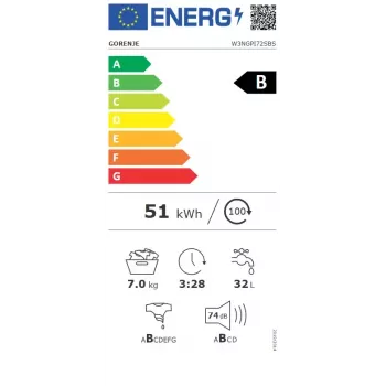 Skalbimo mašina Gorenje W3NGPI72SBS, priekinis pakrovimas, 7 kg, 1200 aps/min, LCD, garų funkcija, 59,5×43,5 cm, energijos klasė B