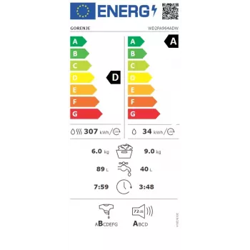 Gorenje WD2PA964ADW skalbyklė-džiovintuvas 9 kg / 6 kg 1400 aps/min