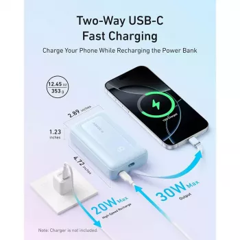 Powerbank Anker Zolo 10000mAh, 30W Super Fast Charging, USB-C integruotas laidas, baltas