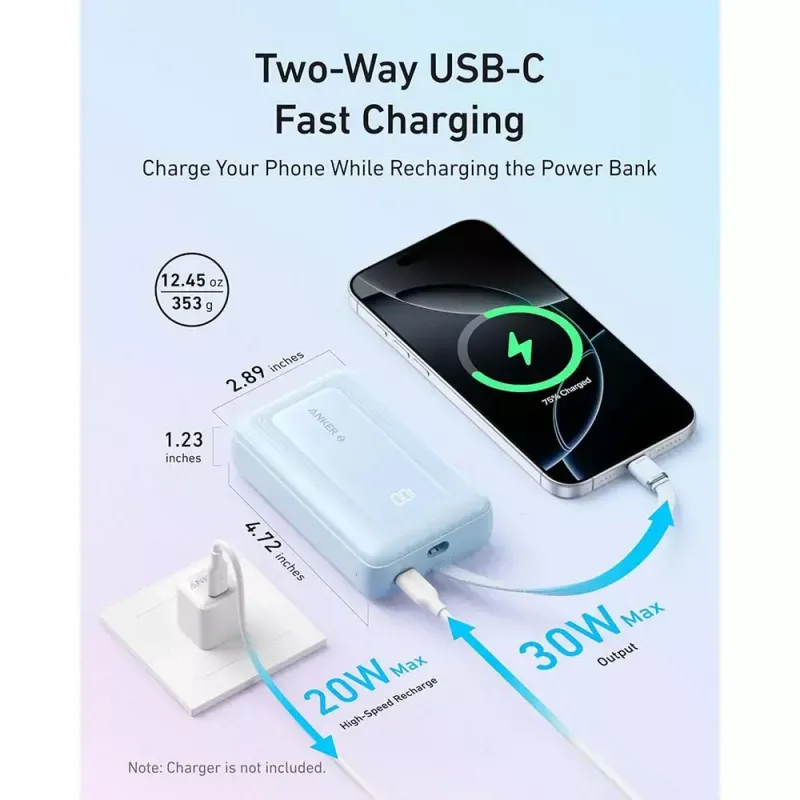Powerbank Anker Zolo 10000mAh, 30W Super Fast Charging, USB-C integruotas laidas, baltas