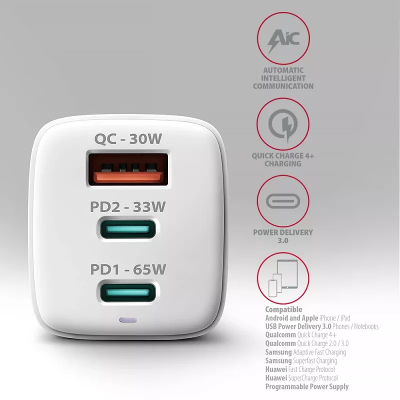 Sieninis įkroviklis Axagon ACU-DPQ65W PD3.0 & QC4+ 3x išėjimai 65W