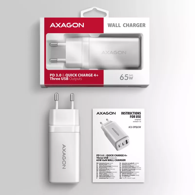Sieninis įkroviklis Axagon ACU-DPQ65W PD3.0 & QC4+ 3x išėjimai 65W