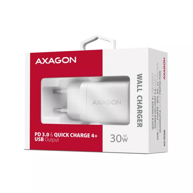 Sieninis įkroviklis Axagon ACU-PD30W 1x QC3.0/AFC/FCP/PD Type-C 30W Baltas