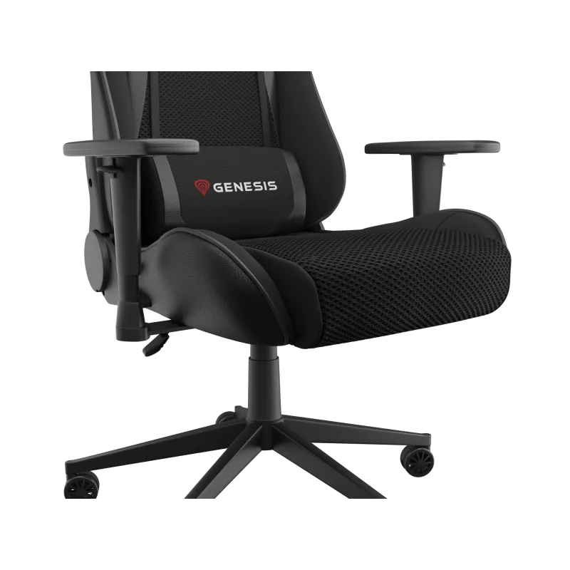Žaidimų kėdė GENESIS Nitro 440 G2, paminkštinta sėdynė, audinys/ekologinė oda, pilka/juoda, max 120 kg, reguliuojama atlošas ir 1D porankiai