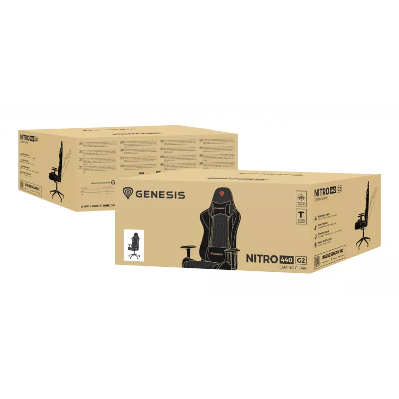 Žaidimų kėdė GENESIS Nitro 440 G2, paminkštinta sėdynė, audinys/ekologinė oda, pilka/juoda, max 120 kg, reguliuojama atlošas ir 1D porankiai