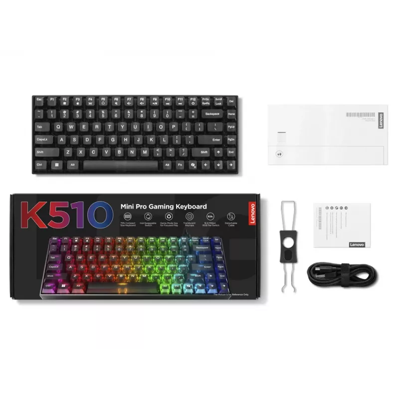 Mechaninė žaidimų klaviatūra Lenovo Legion K510 Mini Pro 75% JAV išdėstymas, 84 klavišai, RGB, USB, 1,8 m laidas, Juoda/Permatoma