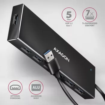 USB 3.2 Gen 1 7 prievadų aliumininis stalinis USB centras Axagon HUE-F7A su 1 m kabeliu