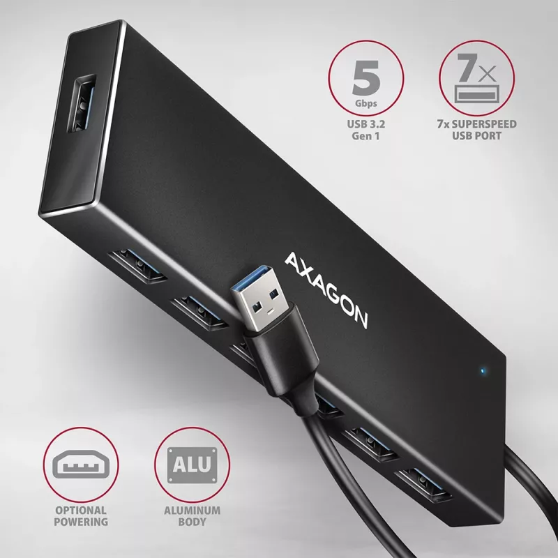 USB 3.2 Gen 1 7 prievadų aliumininis stalinis USB centras Axagon HUE-F7A su 1 m kabeliu