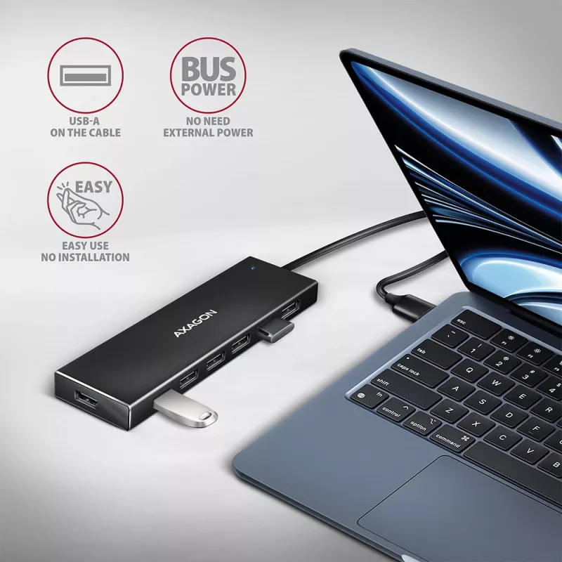 USB 3.2 Gen 1 7 prievadų aliumininis stalinis USB centras Axagon HUE-F7A su 1 m kabeliu