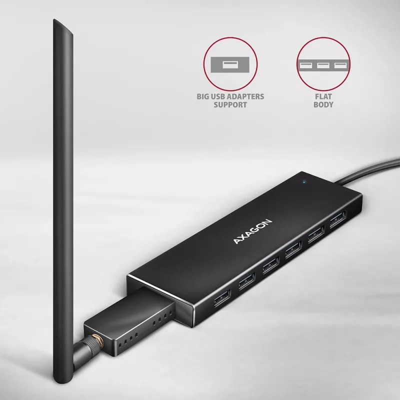 USB 3.2 Gen 1 7 prievadų aliumininis stalinis USB centras Axagon HUE-F7A su 1 m kabeliu