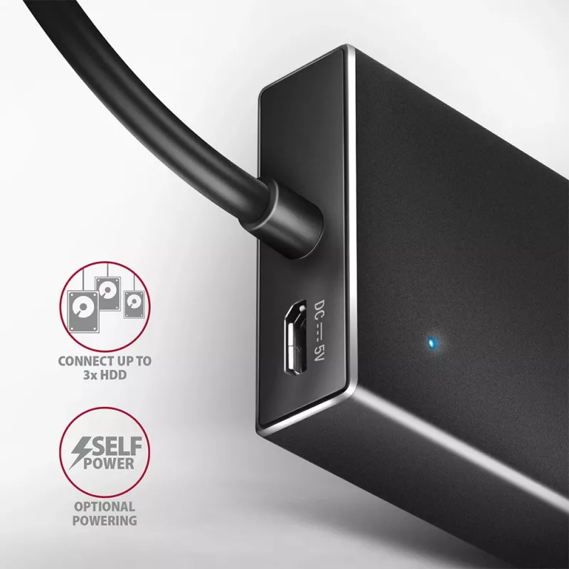 USB 3.2 Gen 1 7 prievadų aliumininis stalinis USB centras Axagon HUE-F7A su 1 m kabeliu