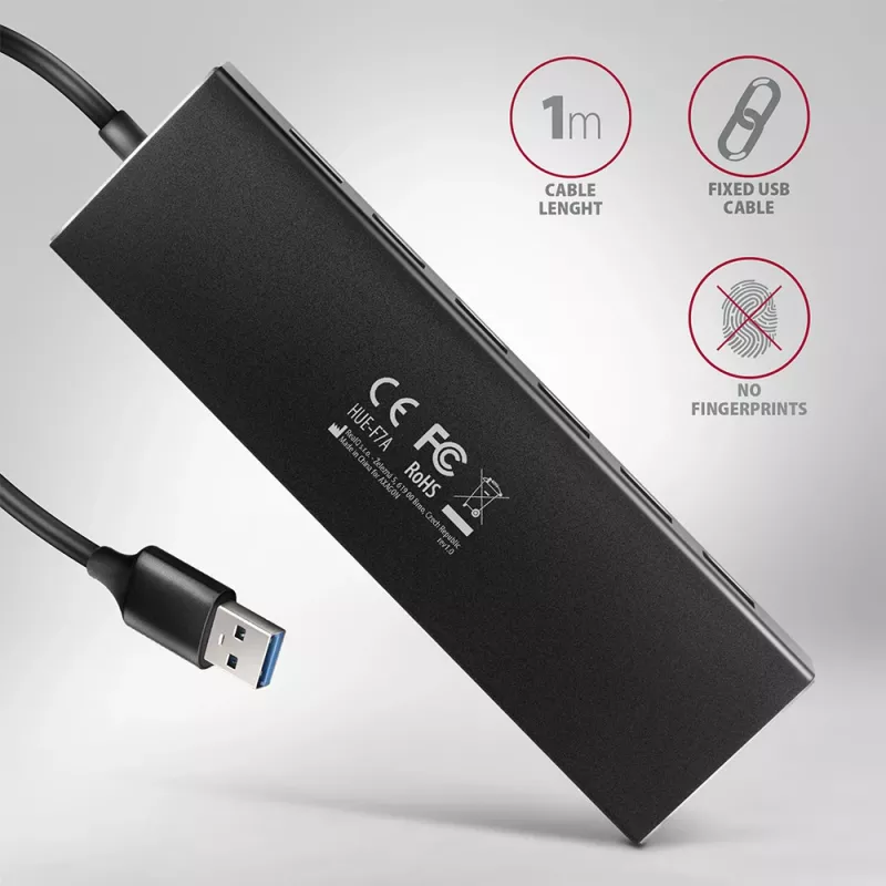 USB 3.2 Gen 1 7 prievadų aliumininis stalinis USB centras Axagon HUE-F7A su 1 m kabeliu