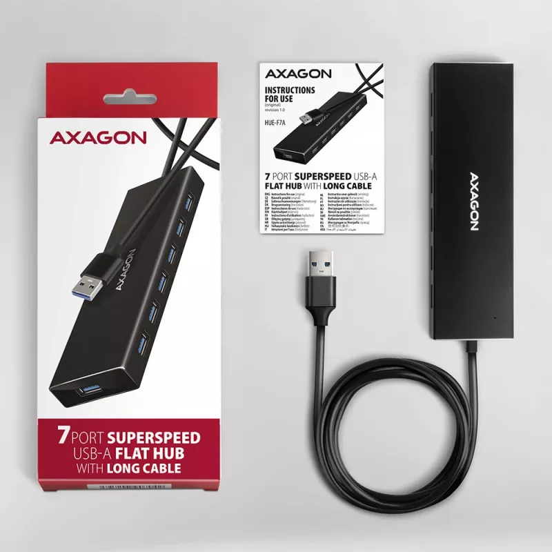 USB 3.2 Gen 1 7 prievadų aliumininis stalinis USB centras Axagon HUE-F7A su 1 m kabeliu