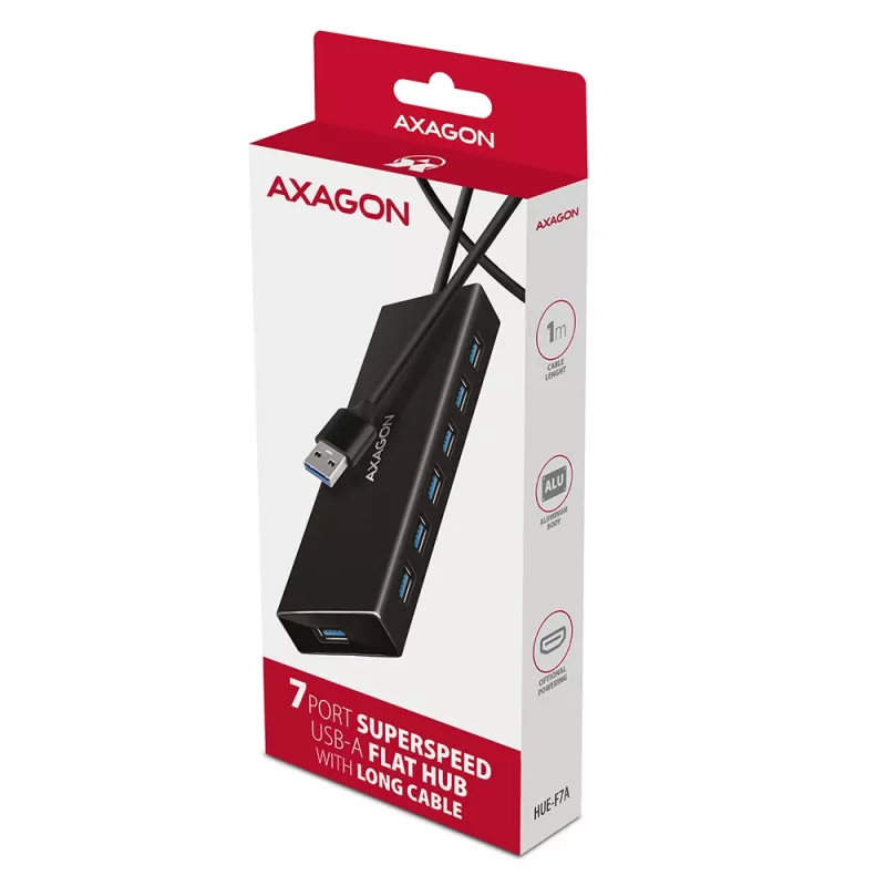 USB 3.2 Gen 1 7 prievadų aliumininis stalinis USB centras Axagon HUE-F7A su 1 m kabeliu