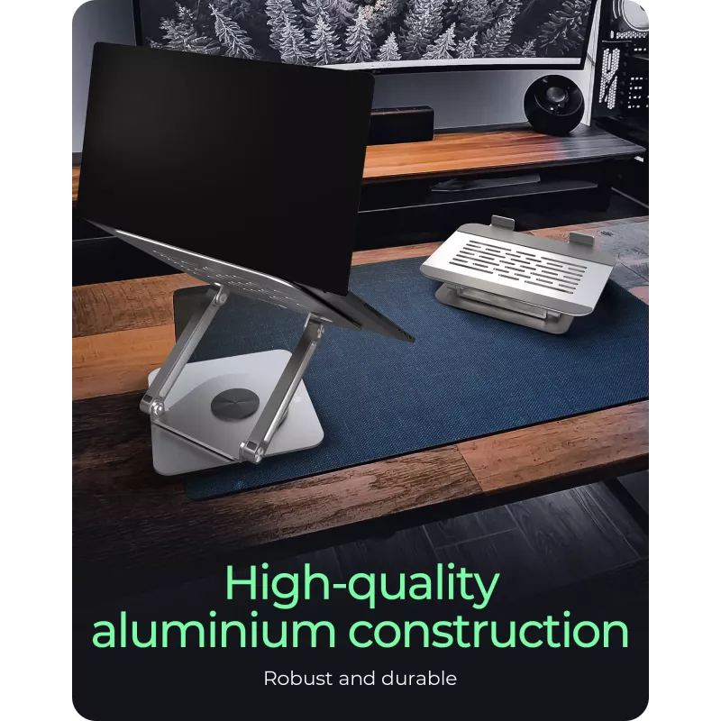 Nešiojamojo kompiuterio stovas RAIDSONIC IB-NH300-R, aliuminis, sidabrinis, tinka 17 colių (43,2 cm), 360° sukimas, 280×230×550 mm
