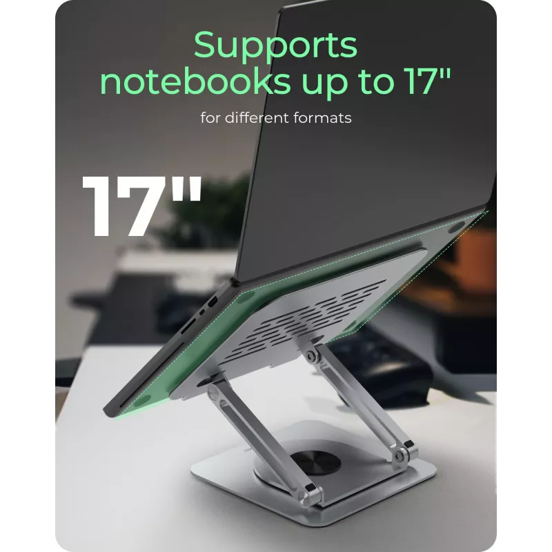 Nešiojamojo kompiuterio stovas RAIDSONIC IB-NH300-R, aliuminis, sidabrinis, tinka 17 colių (43,2 cm), 360° sukimas, 280×230×550 mm