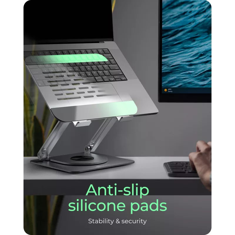 Nešiojamojo kompiuterio stovas RAIDSONIC IB-NH300-R, aliuminis, sidabrinis, tinka 17 colių (43,2 cm), 360° sukimas, 280×230×550 mm