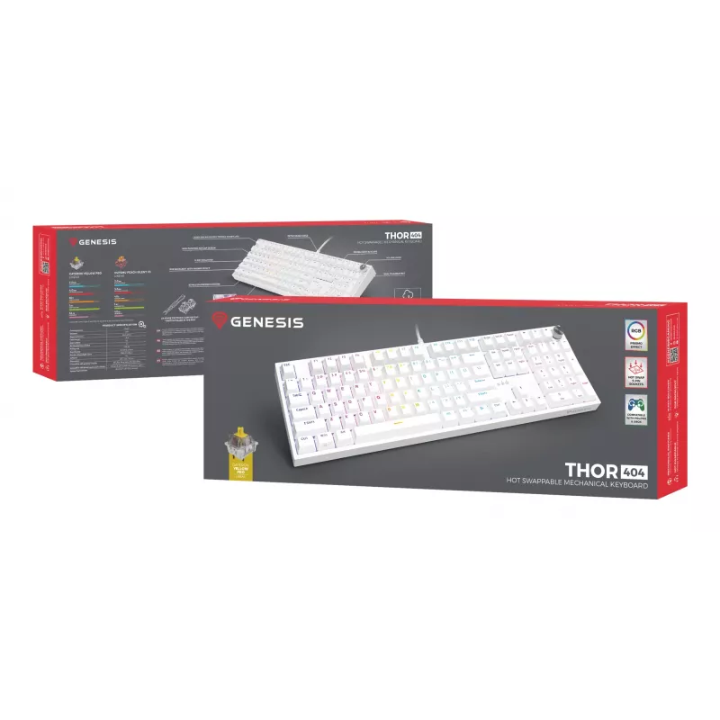 Mechaninė klaviatūra GENESIS THOR 404, pilno dydžio USB, QWERTY anglų, RGB apšvietimas, balta
