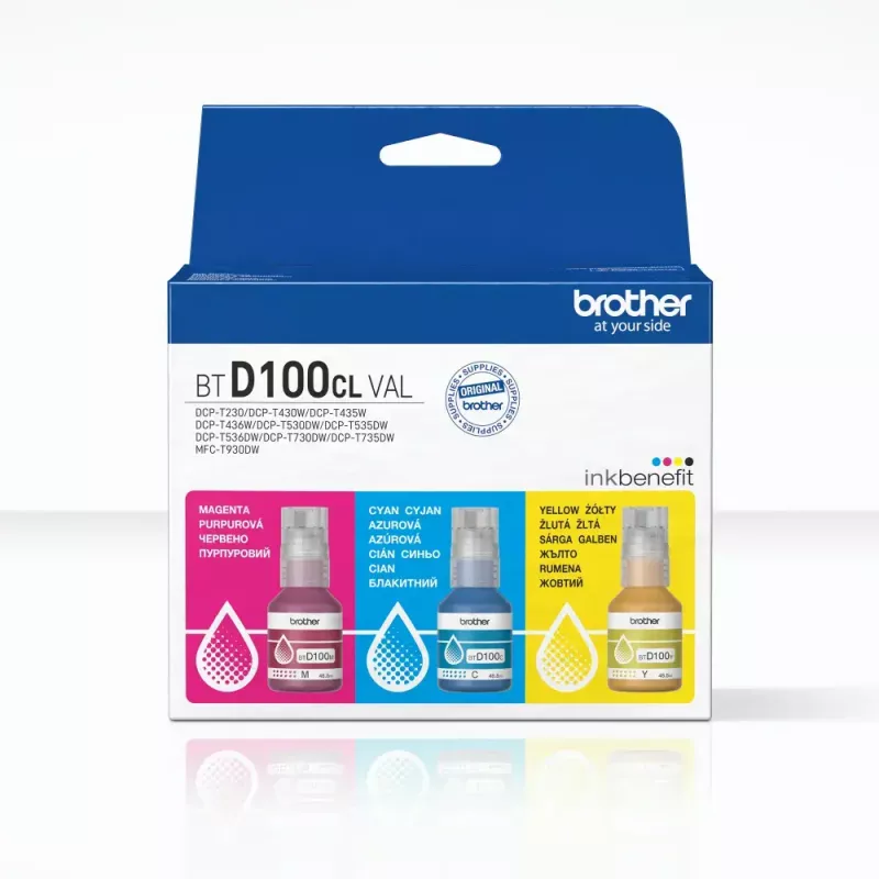 Originalūs Brother rašalo buteliukai BTD100CLVAL – magenta, cyan, geltona (CMY rinkinys), 5000 puslapių išeiga