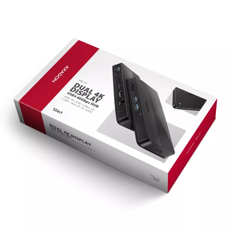 Axagon HMC-U4 USB4 dokas, 3x USB-A, 2x USB-C, HDMI ir DP 8K/30Hz, RJ-45, SD/mSD, garsas, PD 100W