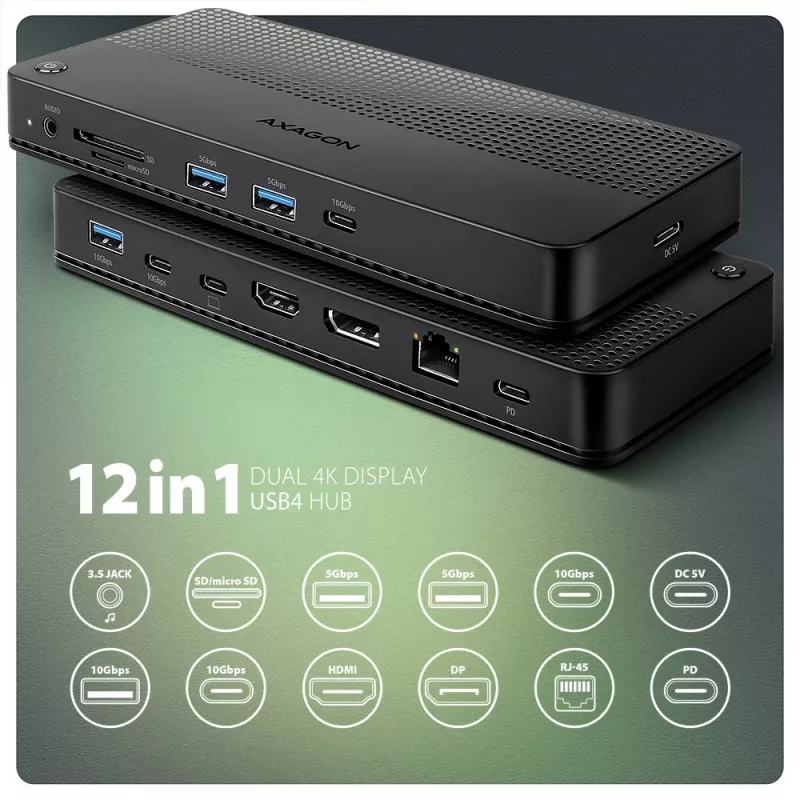 Axagon HMC-U4 USB4 dokas, 3x USB-A, 2x USB-C, HDMI ir DP 8K/30Hz, RJ-45, SD/mSD, garsas, PD 100W