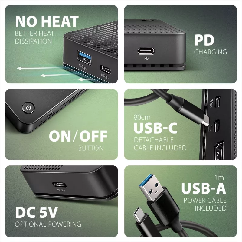 Axagon HMC-U4 USB4 dokas, 3x USB-A, 2x USB-C, HDMI ir DP 8K/30Hz, RJ-45, SD/mSD, garsas, PD 100W