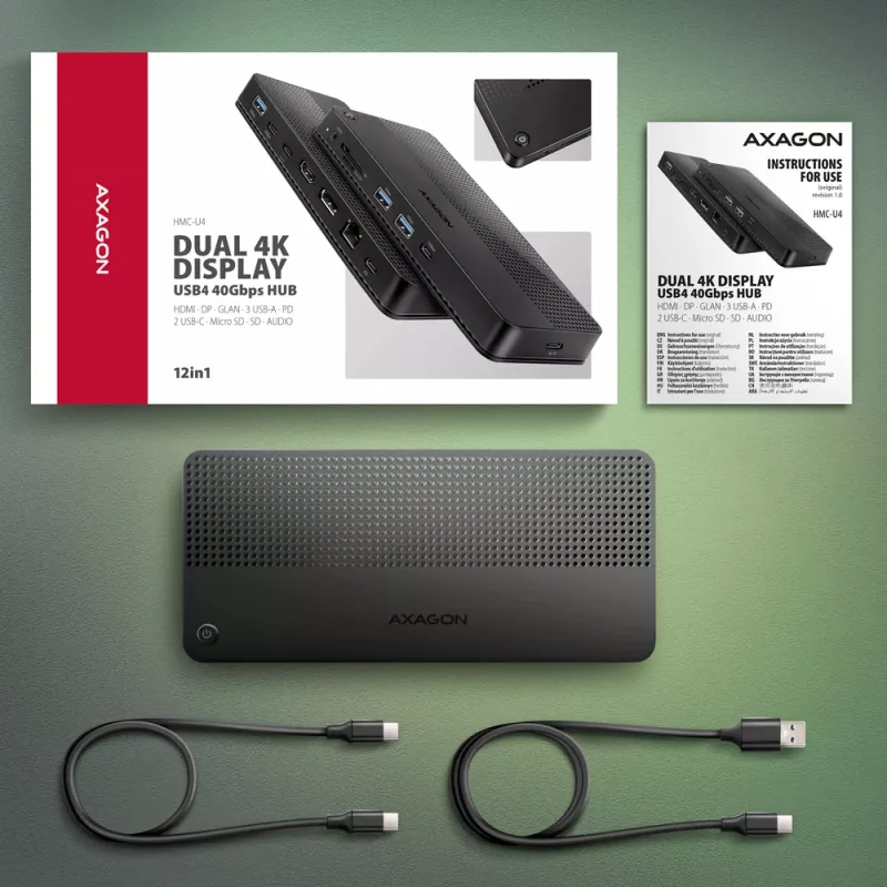 Axagon HMC-U4 USB4 dokas, 3x USB-A, 2x USB-C, HDMI ir DP 8K/30Hz, RJ-45, SD/mSD, garsas, PD 100W