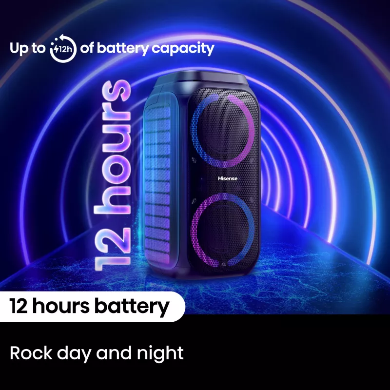 Nešiojama vakarėlių kolonėlė HISENSE Party Rocker 160 — 160 W RMS, 2.0 kanalai, IPX4, juoda, 6,3 kg